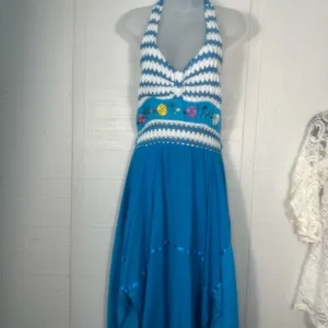 Blue and White Crochet Bodice Halter Top Sundress No Size EUC thumbnail 2