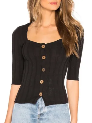 Free People Central Park Top Small Black Ribbed Button Front Square Neck Y2K 90s thumbnail 1