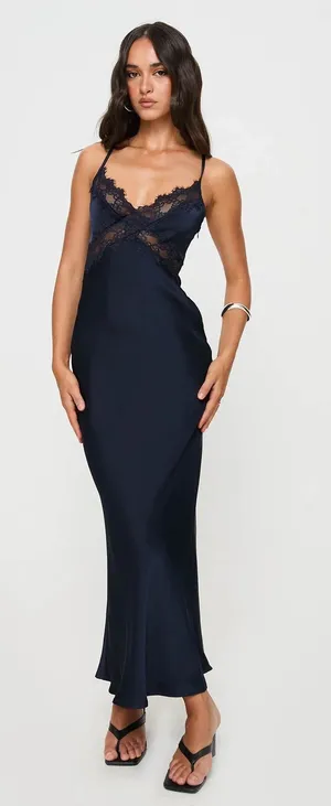 Princess Polly Treasure Bias Cut Navy Blue Satin Maxi Dress with lace detail thumbnail 1