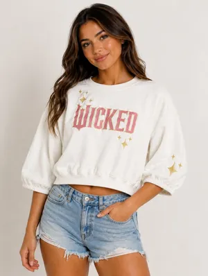 Wicked Universal Studios Cropped Sweatshirt XL White Pink Gold Glitter Stars thumbnail 1