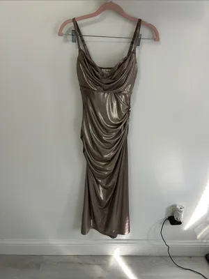 Popilush Metallic Cowl Neck Ruched Midi Dress Bronze thumbnail 4