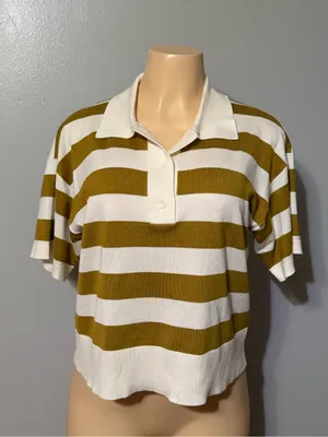 Cyrus Striped Short-Sleeve Polo Top - White & Olive thumbnail 1