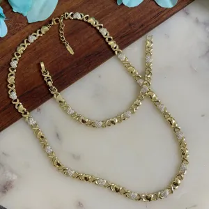 14k Gold Plated Set Heart Shaped XOXO Choker 21" And Bracelet 8" Zirconia thumbnail 1