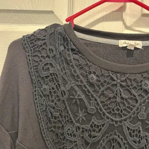Skylar + Jade Dark Gray Crochet Lace Inset Long Sleeve Peplum Sweatshirt Large thumbnail 3