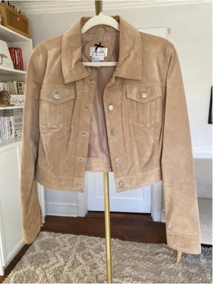 Vintage Live A Little Tan Suede Leather Jacket Cropped Fitted‎ Quiet Luxury Boho thumbnail 4