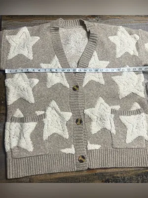 Cozy Star Pattern Cardigan Sweater - Taupe & Cream thumbnail 5