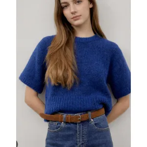 Zara Blue Short Sleeve Fuzzy Knit Alpaca Wool Blend Cropped Sweater Top Sz M thumbnail 2