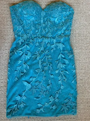 Strapless Teal Lace Appliqué Mini Dress thumbnail 1