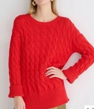 J.Crew Womens Red Cable-Knit Side-Slit Crewneck‎ Sweater BM401 L-XL NEW thumbnail 1