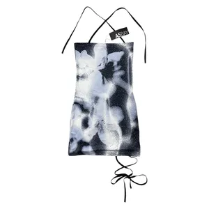 MUSINSA | Blue & White Floral Flower Print Bodycon Halter Dusty Mini Dress thumbnail 4