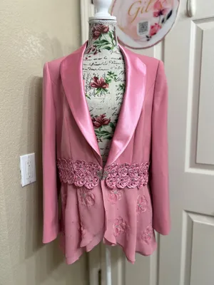 Tiffany Collection Pink Satin Trim Embroidered Embellished Blazer Size 14 thumbnail 3