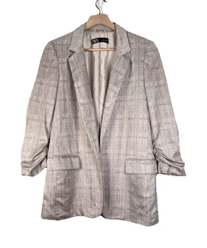 Zara Blazer Women's M Plaid Gray Faux Suede Ruched Sleeve Long Line Open‎ Front thumbnail 1