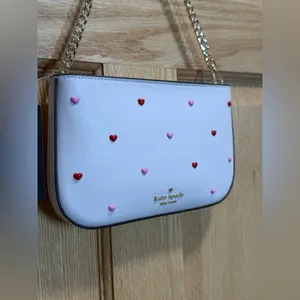 kate spade Pink Madison Heart Studs Pouch Gold Chain Strap Powdered Sugar NWT thumbnail 4