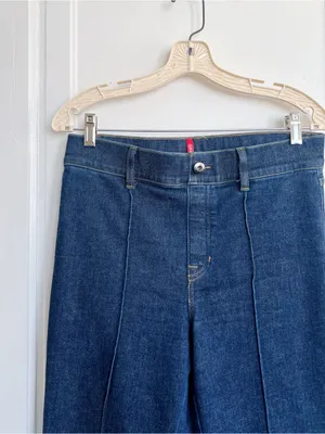 SPANX • Pintuck Flare Jeans pull on high rise bell bottom Raw Indigo dark wash thumbnail 6