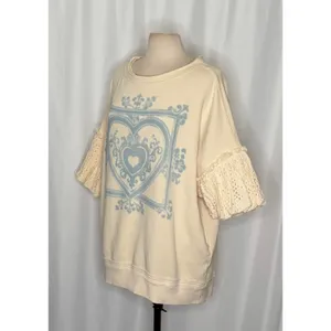 NWT!!‎ FREE PEOPLE Doily Sweatshirt Heart Ivory Blue Eyelet Lace Bohemian Small thumbnail 5