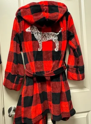 red and black buffalo plaid plush hooded robe from Victoria's Secret PINK featuring a large silver sequin dog logo on the back thumbnail 6