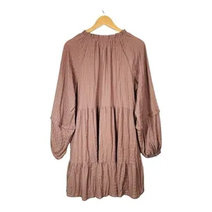 Listicle‎ Tiered Mini Dress Womens Large Dusty Rose Textured Grid Balloon Sleeve thumbnail 3