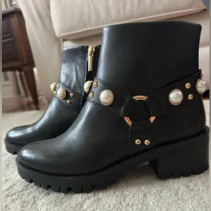 Karl Lagerfeld Paris Pixie Embellished Moto Leather Booties NWOT pearls 8.5 thumbnail 3