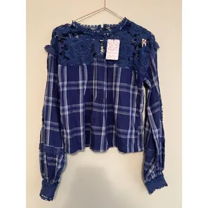 FREE PEOPLE Darling Diana Tunic Lace Top Size‎ XS-Blue Plaid $128 thumbnail 3