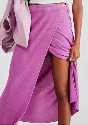 Free People Borderline Knit Wrap Midi Skirt Pink Ribbed Side Tie Slit Large NWOT thumbnail 1