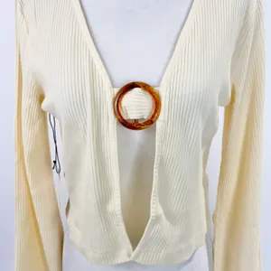 Callahan New Open Front Ring Bell Sleeve Ribbed Vera Top Creme thumbnail 7