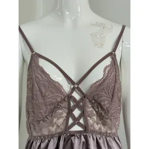 Women's Satin Chemise Nightgown Lace Lattice Strappy Slip Dress Mauve Size M thumbnail 6