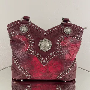 Y2K Red Burgundy Faux Tooled Leather Western Studded Shoulder Bag thumbnail 3