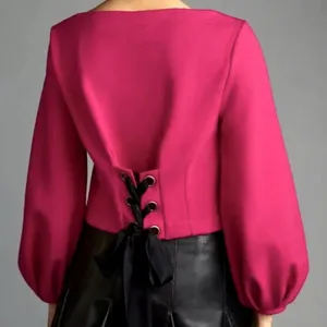 Maeve Top Women XS Pink Great Lace Up Back Puff Sleeve Crop Boat Neck thumbnail 2