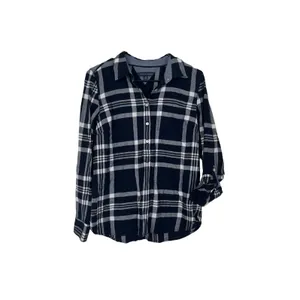 Tommy Hilfiger Womens S Blue Plaid Roll Tab Long Sleeve 3/4 Button-Down Flannel thumbnail 2