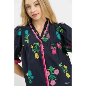 Umgee‎ Petal Parade Print Button-Down Blouse - Navy - Medium thumbnail 5
