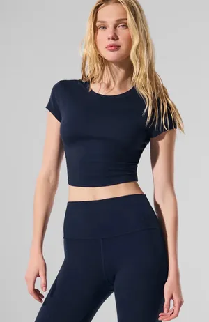 ALO Yoga Navy Cropped Short-Sleeve Crewneck Top thumbnail 1