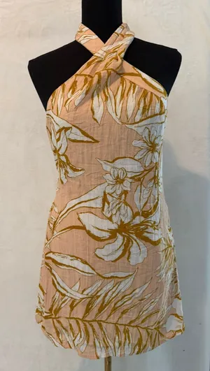 Hello Molly Tropical Floral Halter Mini‎ Dress Peach Gold US 6 M Sleeveless thumbnail 1