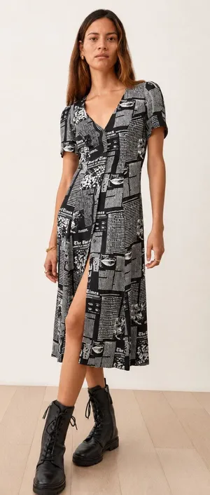 Reformation Locklin Midi Button Front Dress in Zine Newsprint Size 4 thumbnail 1