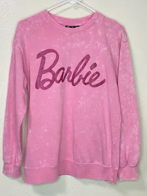 Barbie Pink Wash Pullover Crewneck Sweatshirt Pink Glitter Logo Pullover Med thumbnail 2