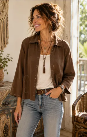 Coldwater Creek Jacket Womens Medium Brown Linen Bld Lined Hook Closure western thumbnail 1