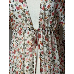 Pink Lily Floral Maxi Duster Women Small Ivory Tassel Boho Resort Cover Up Sheer thumbnail 8