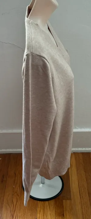 NWT Beige Pearl Beading V-neck Ribbed Detailing Cottagecore Sweater, size M thumbnail 3