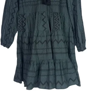 Zara Boho Oversized Embroidered Long Sleeve Mini Dress Tassel V Neck XS Green thumbnail 5