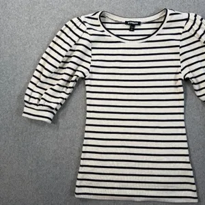 EXPRESS Women's X-Small Striped Ribbed Knit Puff Sleeve Top Cream Black Blouse thumbnail 5
