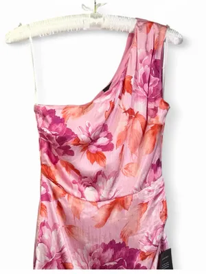 NWT LULUS Women’s Divinely Blooming Pink Multi Floral One-Shoulder Dress Size M thumbnail 9