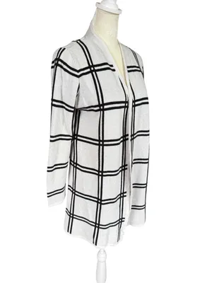 Loft Petite black and off white striped long sleeve open cardigan sweater MP thumbnail 2