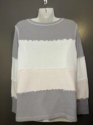 Doe & Rae Sweater Womens Medium Gray Colorblock Waffle Knit Ruffle Pullover thumbnail 5