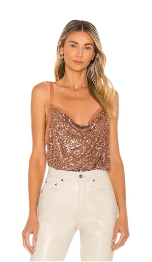 NWT Free People Shimmer & Shine Bodysuit in Sunset Orange Brown Sequins Size XL thumbnail 1