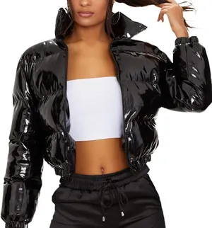 NWT Nanyfair Women's Black Shiny Vinyl Cropped Puffer Jacket Size L thumbnail 1