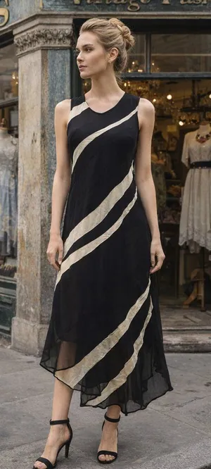 DINAH LEE Vtg Asymmetric Black Sleeveless Abstract Lined Dinner Dress Preowned thumbnail 1