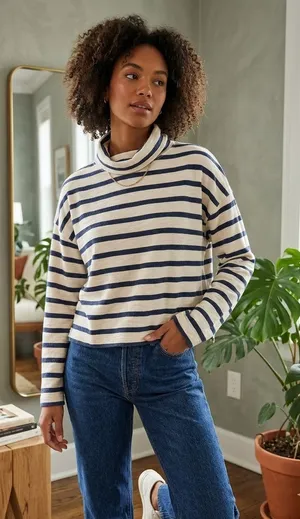J.Crew Vintage Fleece Striped Costal Nautical Turtleneck Crop Sweater Small. thumbnail 1