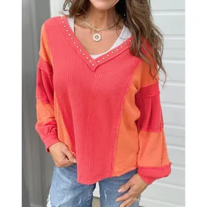 Charming Charlie sz L Women Studded Waffle VNeck Long Sleeve Top patchwork stitch thumbnail 5
