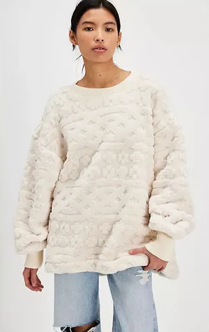 NWT Free People Ivory Cable Knit Sweatshirt Size Large $128 thumbnail 1