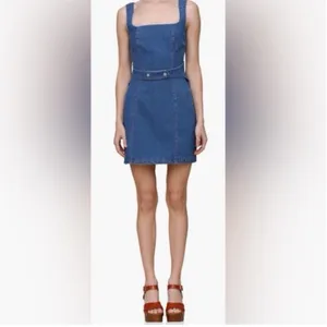 Avec Les Filles Denim Square-Neck Mini Dress in Blue thumbnail 6
