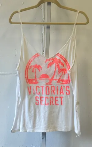 Victorias Secret Tank Top Large White Neon Pink Palm Tree Graphic V-Neck Cami thumbnail 1